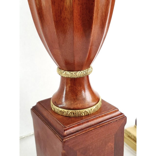 Lamp Pair Mahogany Brass & Shades For Sale - Image 10 of 12