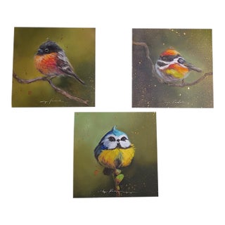 Original Oil Paintings, Songbirds on Gold-Flecked Ground — Set of 3, Signed For Sale