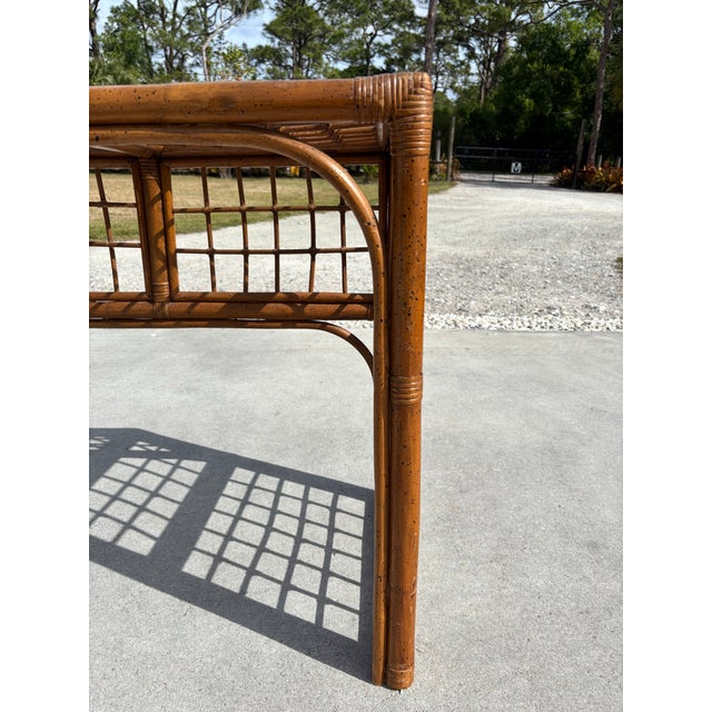 1970s Boho Chic Brown Lattice Rattan Rectangular Sofa Console Table With Glass Top For Sale - Image 10 of 12