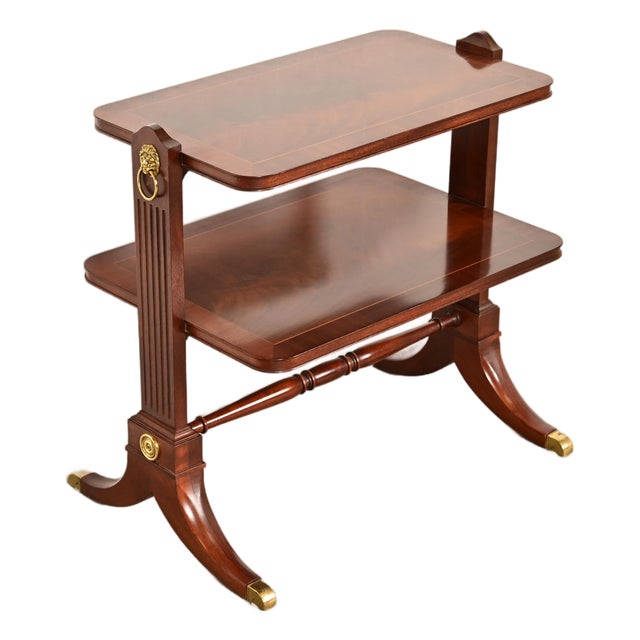 Baker Furniture Regency Banded Flame Mahogany Two-Tier Tea Table or Occasional Side Table For Sale