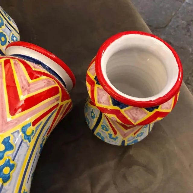 Orange 2019 Sicilian Pieces Hand Painted Terracotta Albarello Vases - Set of Three For Sale - Image 8 of 10