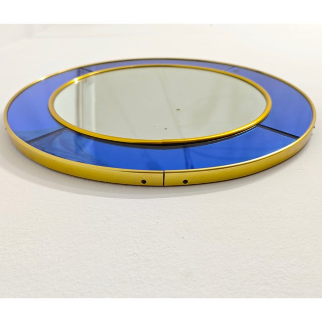 Vintage Circular Wall Mirror in Cobalt Blue Glass and Brass from Cristal Art, 1950s For Sale - Image 9 of 12