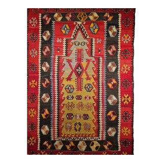 Antique Turkish Kilim, Handwoven Wool, Prayer Pattern, Pale Yellow & Red, 4x5 For Sale