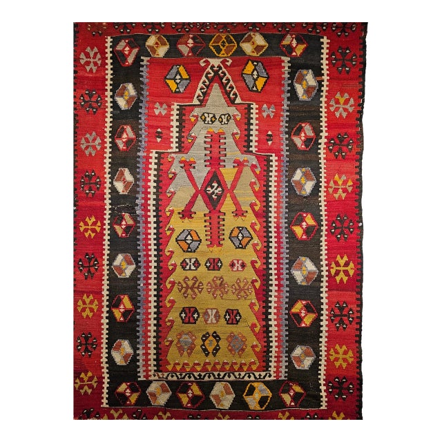 Antique Turkish Kilim, Handwoven Wool, Prayer Pattern, Pale Yellow & Red, 4x5 For Sale