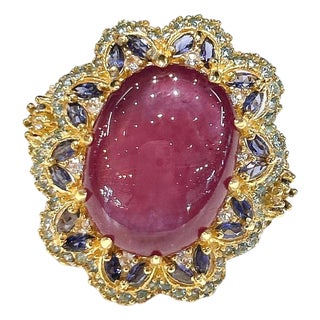Bochic "Capri" Ruby, Tanzanite, Peridot & Blue Topaz Ring Set 18K Gold & Silver For Sale