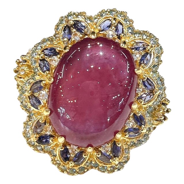 Bochic "Capri" Ruby, Tanzanite, Peridot & Blue Topaz Ring Set 18K Gold & Silver For Sale