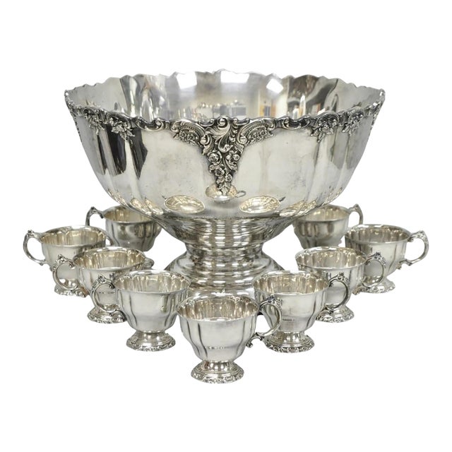 Vintage Baroque by Wallace 252 & 253 Silver Plated Punch Bowl Set W/ 10 Cups For Sale