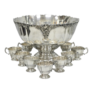 Vintage Baroque by Wallace 252 & 253 Silver Plated Punch Bowl Set W/ 10 Cups