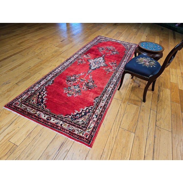 1900 - 1909 Vintage Persian Hamadan Wide Runner, Hand-Knotted Wool, Open Field Geometric Pattern, Red & Ivory. 4x10 For Sale - Image 5 of 18