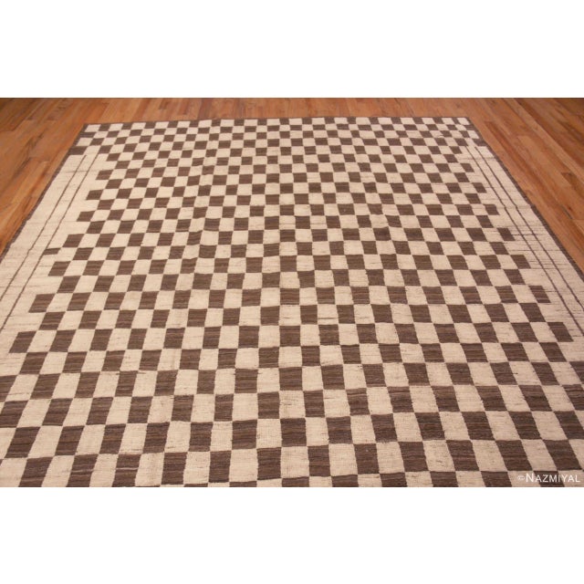 Modern Moroccan Inspired Brown Cream Checkerboard Design Area Rug For Sale In New York - Image 6 of 7