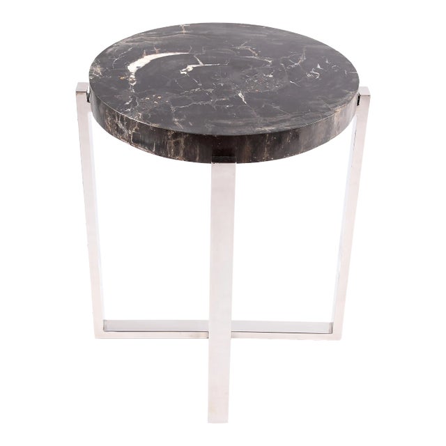 Round Petrified Wood Top W Stainless Steel Stand Accent Table or Side Table 71 For Sale