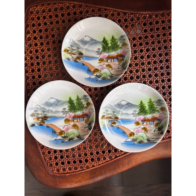 1930s Japanese Kutani Lithophane Cup & Saucer Set of 3 Taisho Showa Fuji Signed For Sale - Image 4 of 12