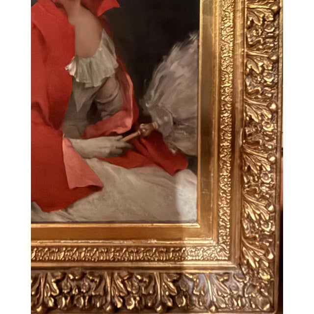 Wood 1900s 42" Signed William Henry Hyde Ana Gilded Age Oil Portrait, Socialite in Red Cloak and Ostrich Fan, Antique Gold Frame, Museum Quality For Sale - Image 7 of 18