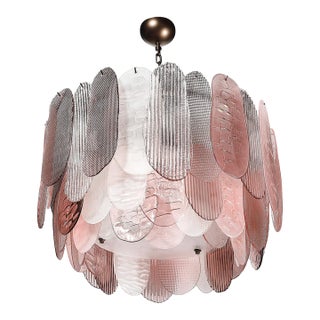 Modernist Round 3-Tier Hand-Blown Murano Glass Chandelier W/ Oval Reeded Shades For Sale