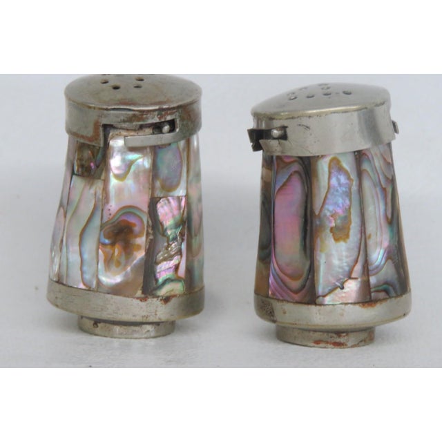 Mexican Salt and Pepper Shaker Pair 2pc Alpaca Silver Abalone Shell 5191b For Sale - Image 11 of 14