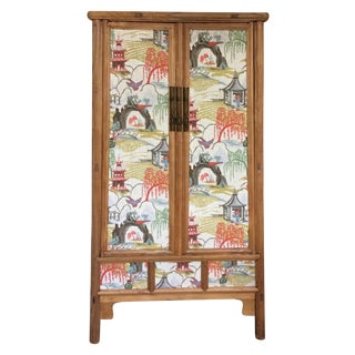 Retro Chinese Upholstered Armoire For Sale