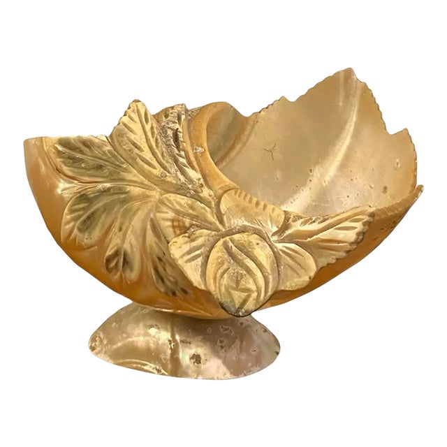 Antique Victorian Hand Carved Conch Shell Basket Bowl Caviar Dish Mother of Pearl For Sale