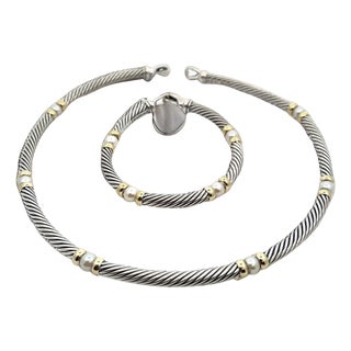 1990s David Yurman Authentic Estate Pearl Necklace 17" + Bracelet Set 7.5" Silver Gold For Sale