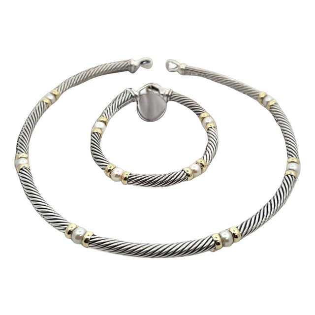 1990s David Yurman Authentic Estate Pearl Necklace 17" + Bracelet Set 7.5" Silver Gold For Sale