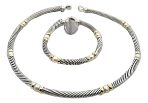 1990s David Yurman Authentic Estate Pearl Necklace 17" + Bracelet Set 7.5" Silver Gold