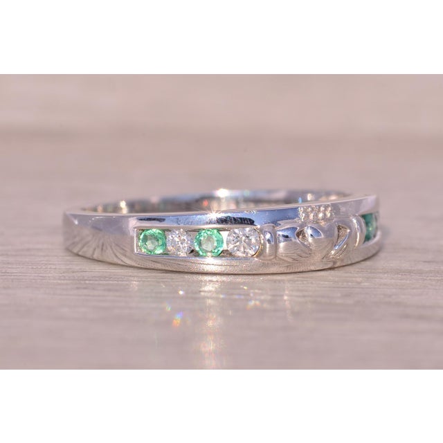Silver The Adare: Irish Signed Designer Natural Emerald and Diamond Claddagh Ring in White Gold For Sale - Image 8 of 11