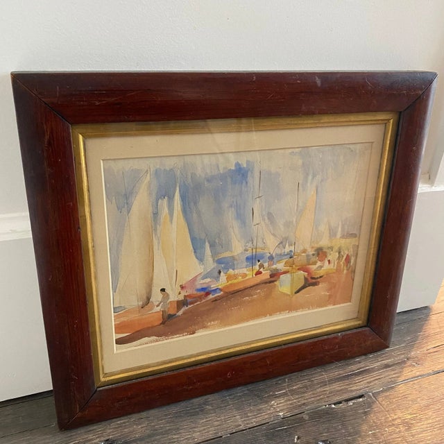 Brown Listed British Artist Bernard Harper Wiles (1883-1966) - Framed Original Watercolor: Sailboat Regatta in England For Sale - Image 8 of 9