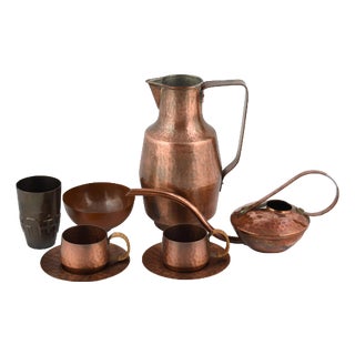 Vintage Copper Serveware Set in Hammered Finish from Eugen Zint, 1960s, Set of 8 For Sale