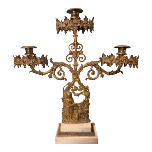 Antique Victorian Gilt Cast Metal 3 Light Figural Candelabra Girl With Animals