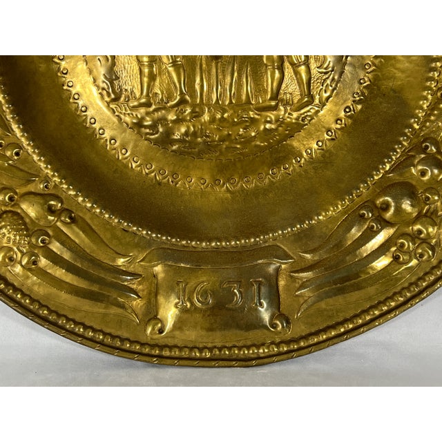 Brass Large Figural Antique Brass Tray. English Wall Hanging 'Anno 1631 For Sale - Image 8 of 9