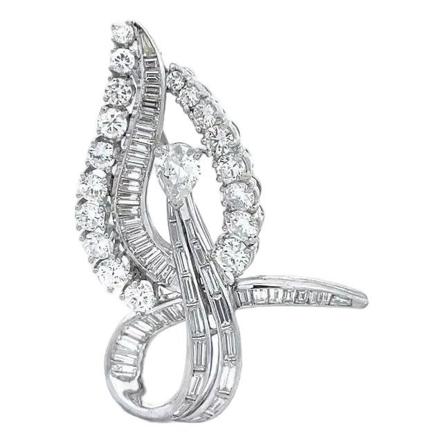 Platinum Diamond Open Style Long Stem Leaf Brooch 14k Gold Pin For Sale