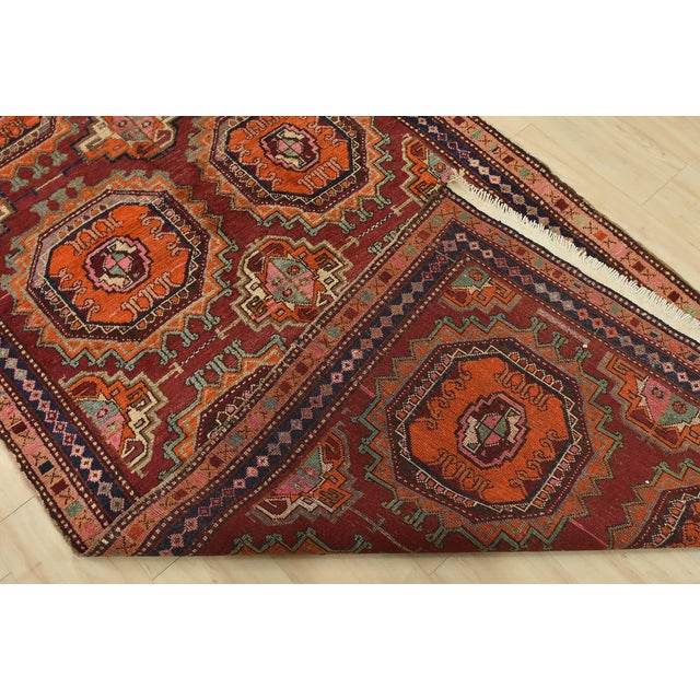 Caucasian Runner 4'3'' X 10'5'' Red Wool Semi-Antique Tribal Hand-Knotted Rug For Sale - Image 13 of 14