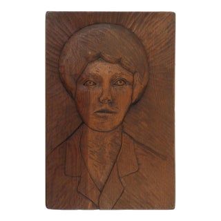 Vintage Folk Art Relief Portrait Wood Carving of Woman For Sale
