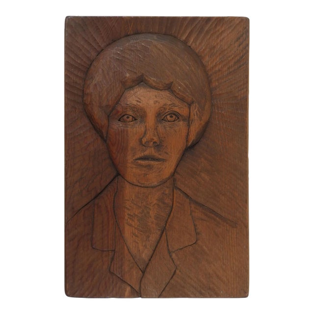 Vintage Folk Art Relief Portrait Wood Carving of Woman For Sale