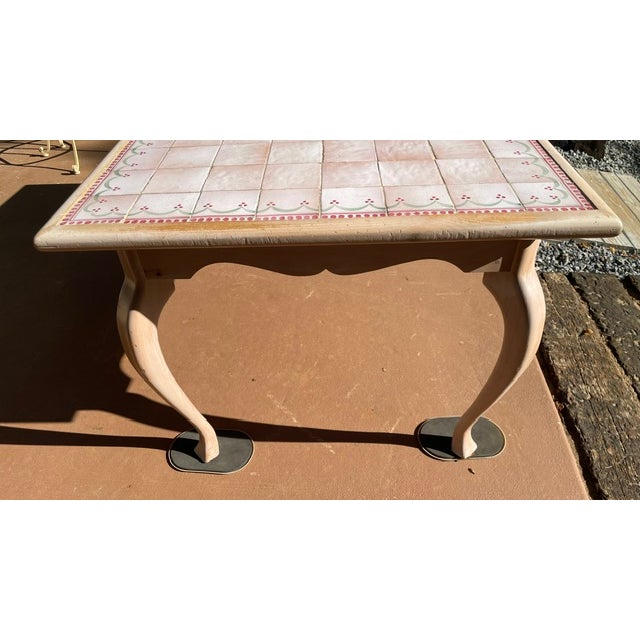 Farmhouse 1980s Shabby Chic Wooden Spanish / Italian Style Tile Top Dining Table Pink Trim W/ Floral Center For Sale - Image 3 of 18