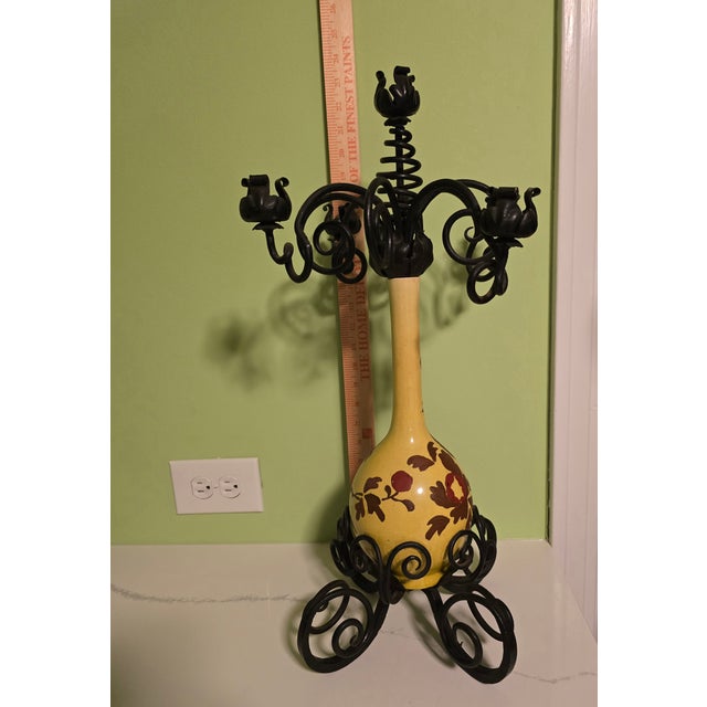 Early 20th Century Gothic Wrought Iron & Ceramic Candelabra With Floral Yellow & Red Vase Base 5 Candles For Sale - Image 9 of 9
