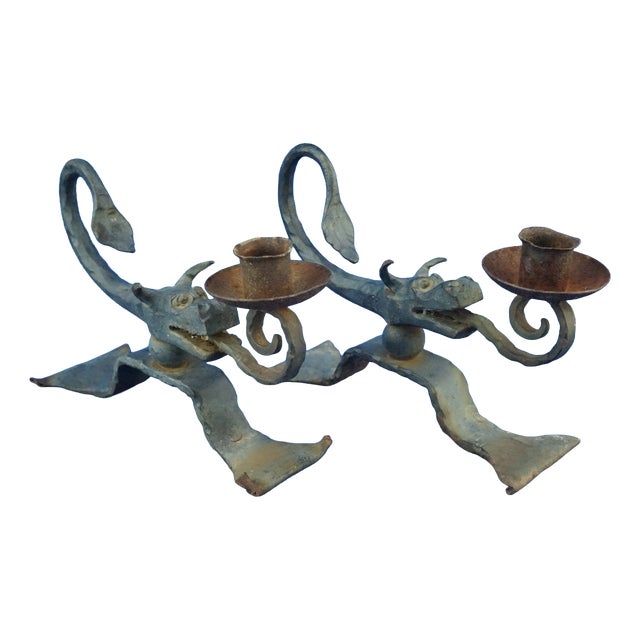 19th Century Art Nouveau Wrought Iron Candelabra with Dragons from A. Mazzucotelli School, Italy, 1920s, Set of 2 For Sale