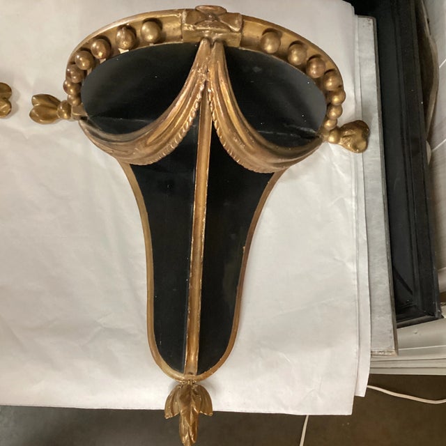 Neoclassical Pair of Mid 20th Century Black & Gold Carved Wood Italian Shelves For Sale - Image 3 of 12