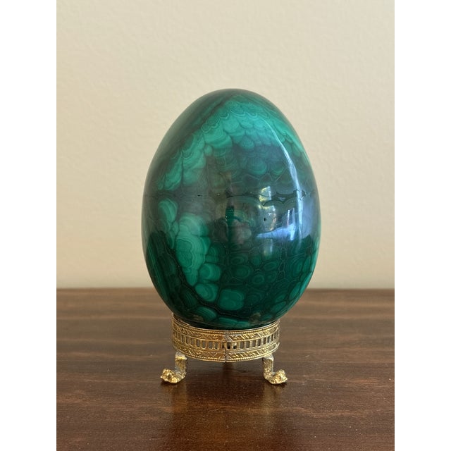 Late 20th Century Large Solid Malachite Egg on Neoclassical Brass Stand With Paw Feet For Sale - Image 5 of 10