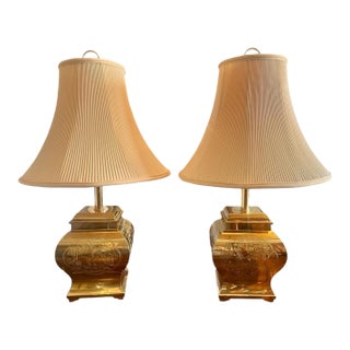 Vintage Pair Brass Chinoiserie Table Lamps-Hollywood Regency-Asian-Engraved For Sale