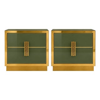 Olive Green Glass Nightstand with Recessed Brass Plinths, Italy, Set of 2 For Sale