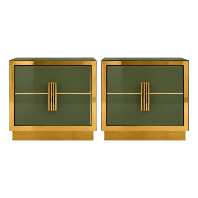 Olive Green Glass Nightstand with Recessed Brass Plinths, Italy, Set of 2 For Sale