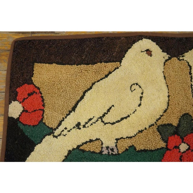 Lovely Romanic Pair of White Doves Perched Green Vine With Red Flowers Antique American Folk Art Hooked Rug For Sale - Image 10 of 11