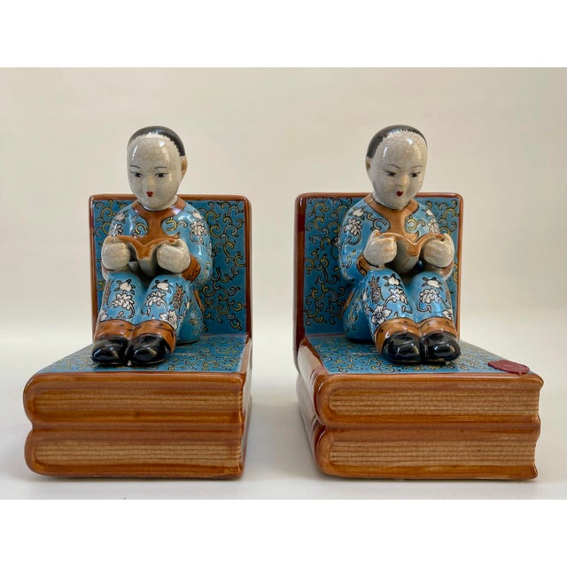 Early 20th Century Chinese Chinoiserie Figurine Blue Porcelain Bookends - a Pair For Sale - Image 5 of 8