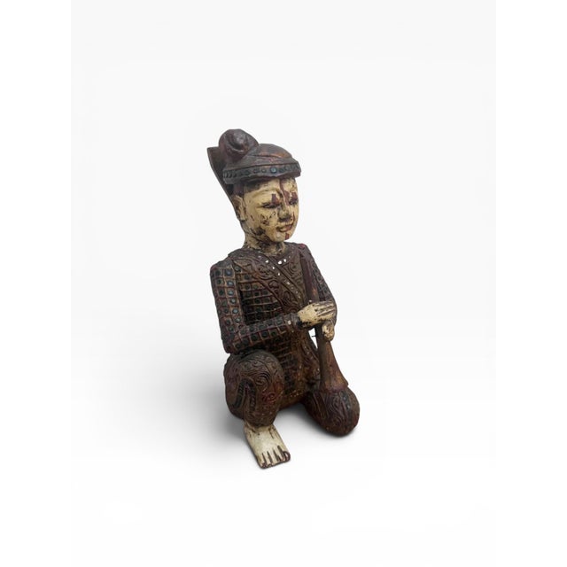 Mid 20th Century Hand-Carved Chinese Wooden Figural Sculpture of Seated Musician With Trumpet-Style Instrument For Sale - Image 4 of 17