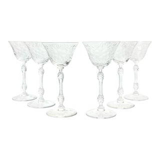 1940s Cambridge “Lucia” Etched Liquor Cocktail Cordial Wine Glass - Set of 6 For Sale