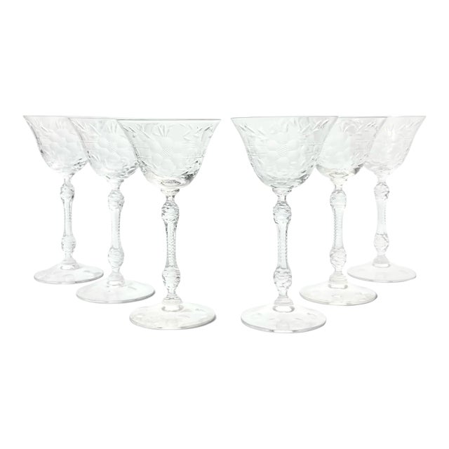 1940s Cambridge “Lucia” Etched Liquor Cocktail Cordial Wine Glass - Set of 6 For Sale