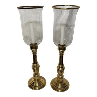 Pair of Vintage Decorative Crafts Brass & Glass Hurricane Candle Holders, 3270 For Sale