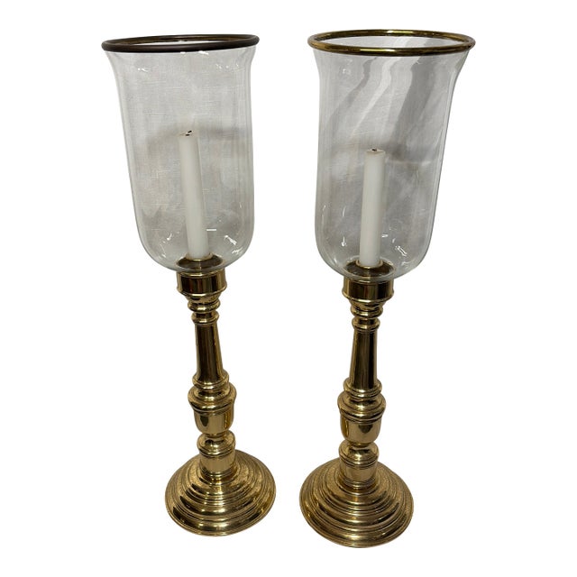 Pair of Vintage Decorative Crafts Brass & Glass Hurricane Candle Holders, 3270 For Sale