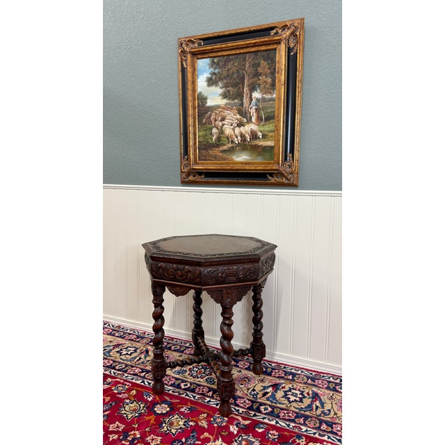 Traditional Antique French Octagonal Table Renaissance Revival Carved Barley Twist Oak 19thC For Sale - Image 3 of 16