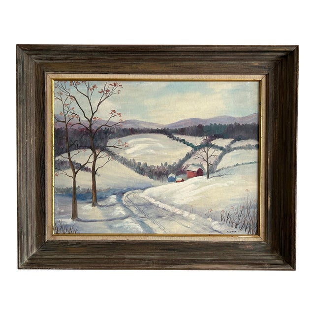 Vintage Impressionist Snowy Farm Landscape Framed Oil Painting For Sale